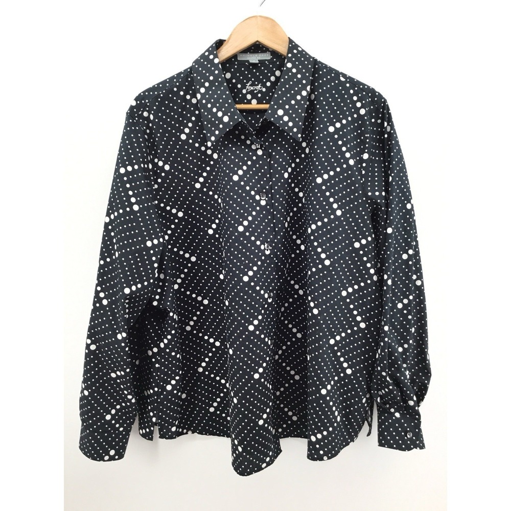 Foxcroft Womens XL Wrinkle Free Button Down Shirt Black White Polka‎ Dot GG22